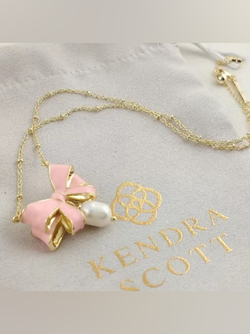 Kendra Scott Pink Enamel Bow Necklace with Pearl Drop - Picture 2 of 2